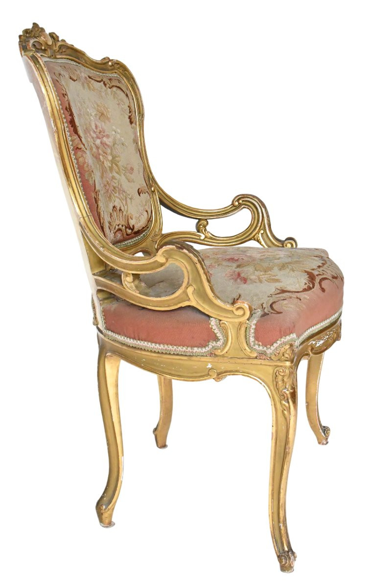 Louis XV Style Cabriolet Armchair In Gilded Wood And Floral Tapestry-photo-6