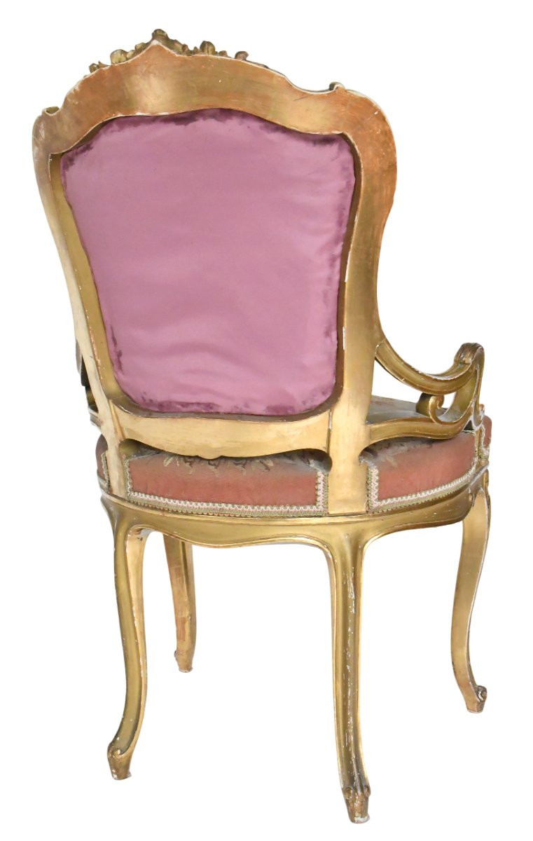Louis XV Style Cabriolet Armchair In Gilded Wood And Floral Tapestry-photo-7