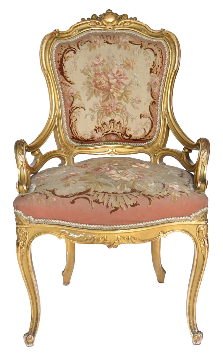 Louis XV Style Cabriolet Armchair In Gilded Wood And Floral Tapestry