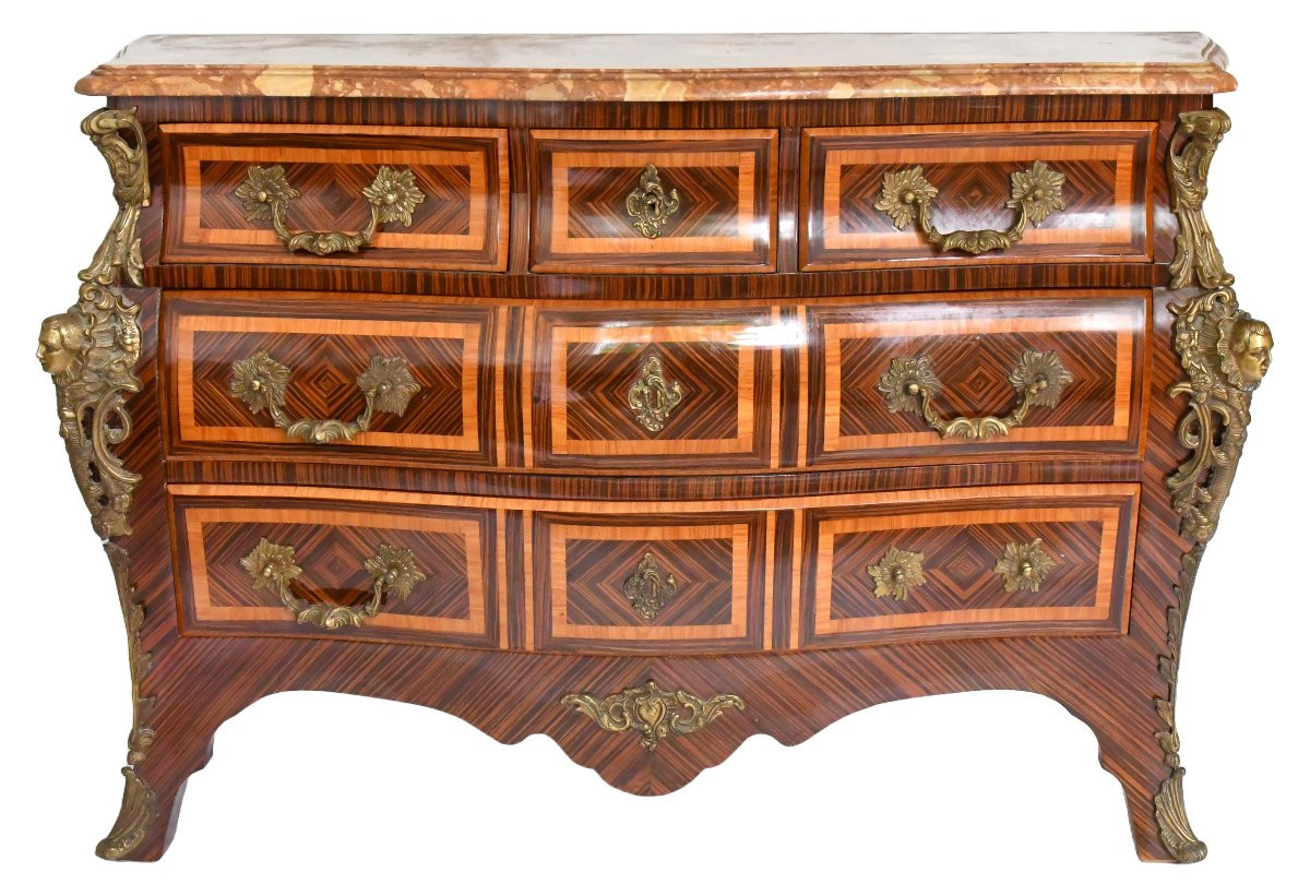 Louis XV Style Tomb Chest Of Drawers In Marquetry With Espagnolette Decoration-photo-3