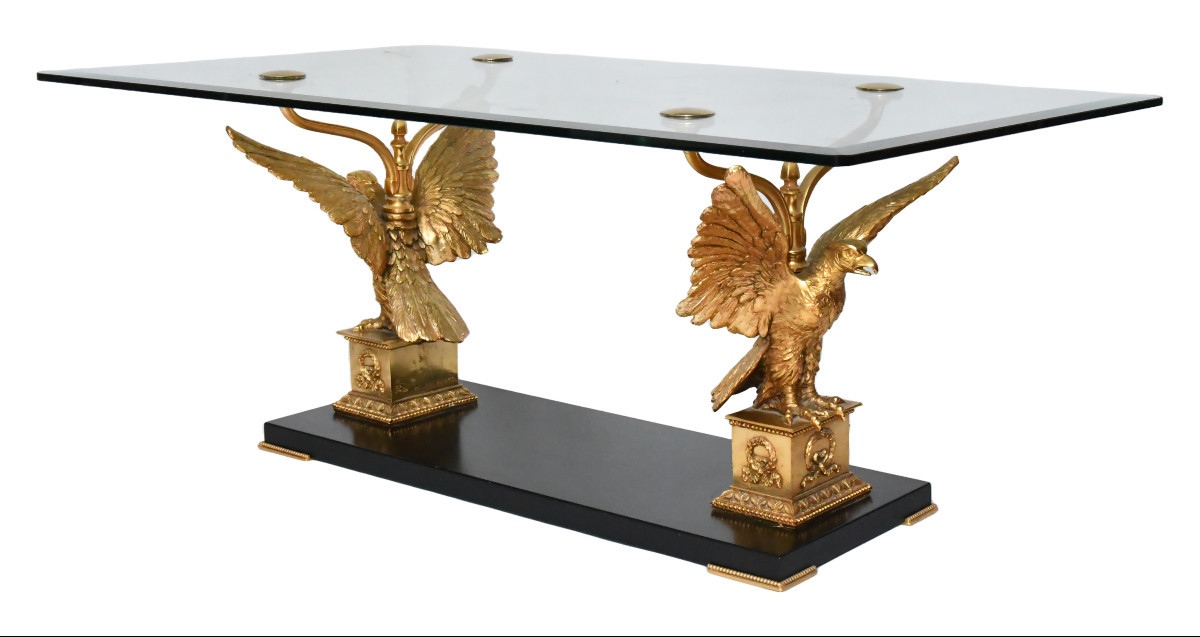 Coffee Table With Eagles In Bronze And Gilded Brass