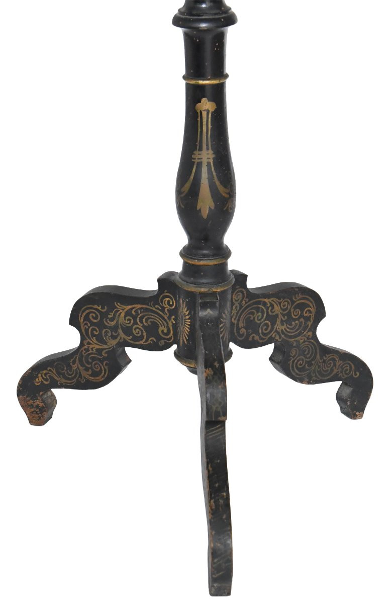 Napoleon III Period Pedestal Table In Blackened Wood With Painted Burgundy Decoration -photo-2