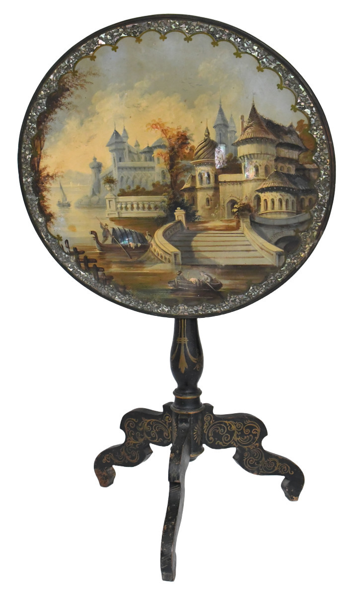 Napoleon III Period Pedestal Table In Blackened Wood With Painted Burgundy Decoration 