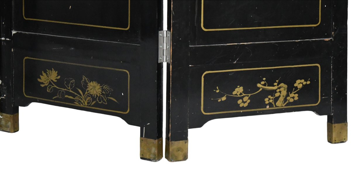 Paravent Chinois à quatre feuilles en bois laqué et incrustations de pierres dures -photo-5