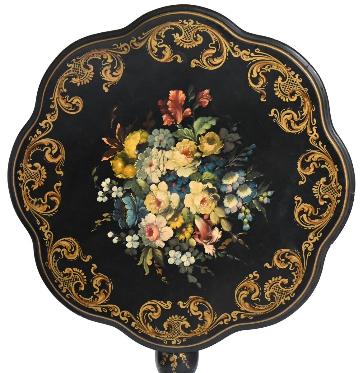 Napoleon III Period Pedestal Table In Blackened Wood With Painted Decoration Of A Bouquet Of Flowers-photo-2