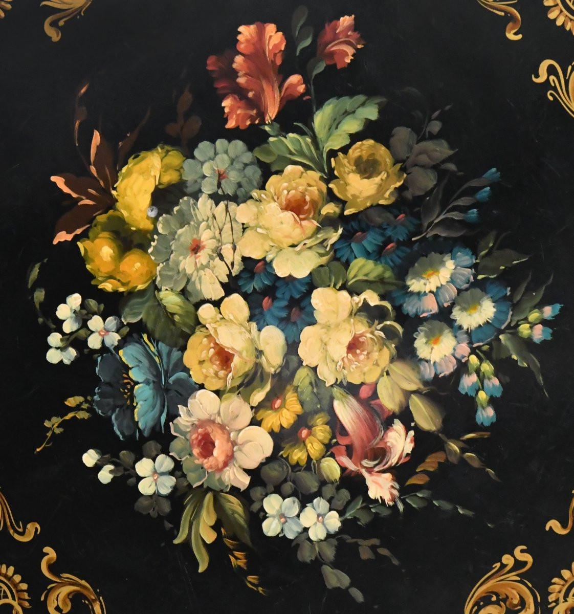 Napoleon III Period Pedestal Table In Blackened Wood With Painted Decoration Of A Bouquet Of Flowers-photo-3