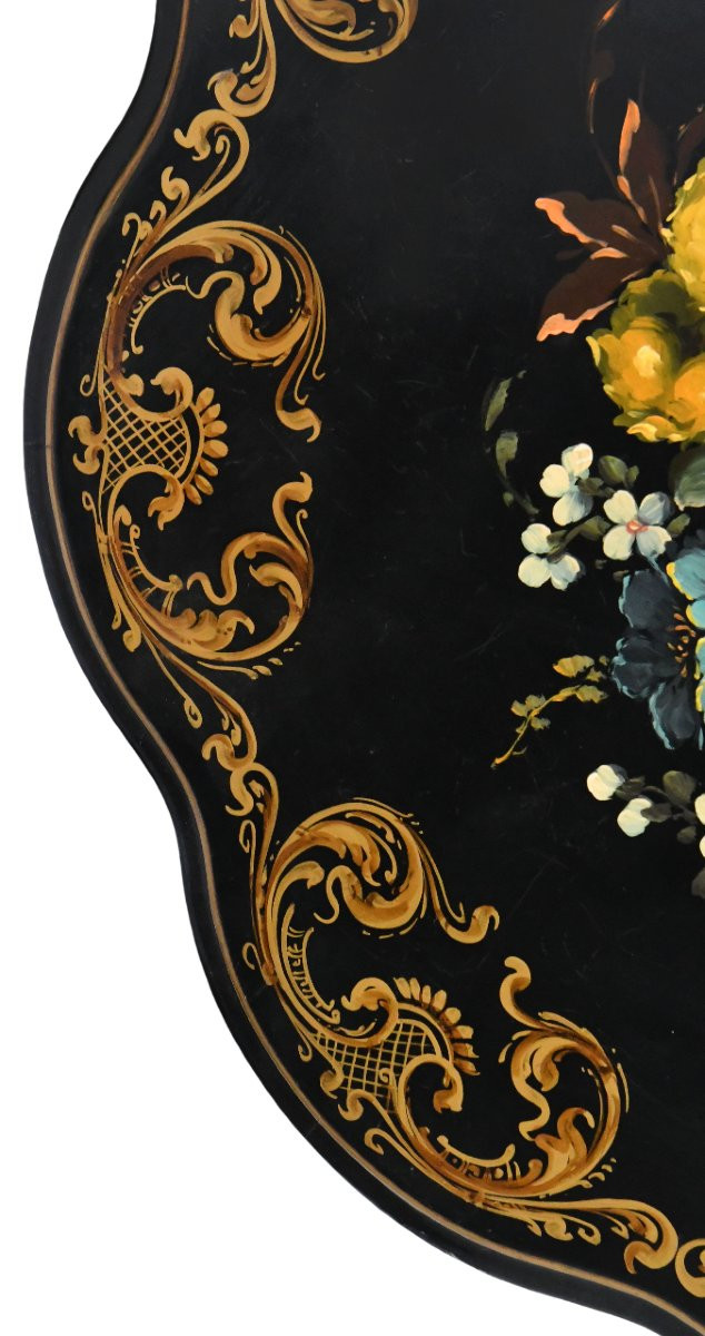 Napoleon III Period Pedestal Table In Blackened Wood With Painted Decoration Of A Bouquet Of Flowers-photo-4