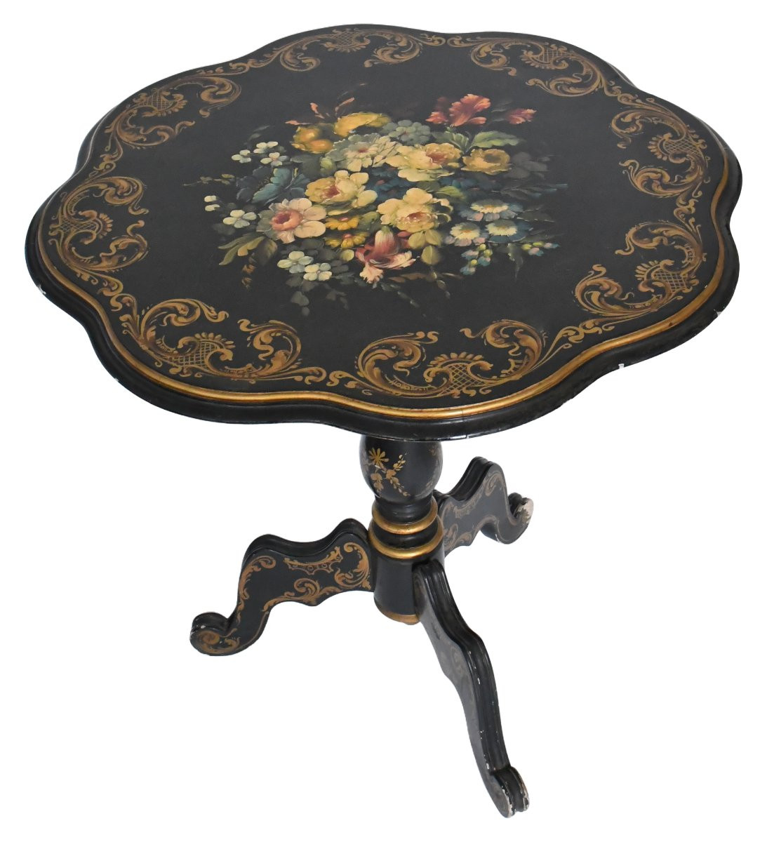 Napoleon III Period Pedestal Table In Blackened Wood With Painted Decoration Of A Bouquet Of Flowers-photo-1