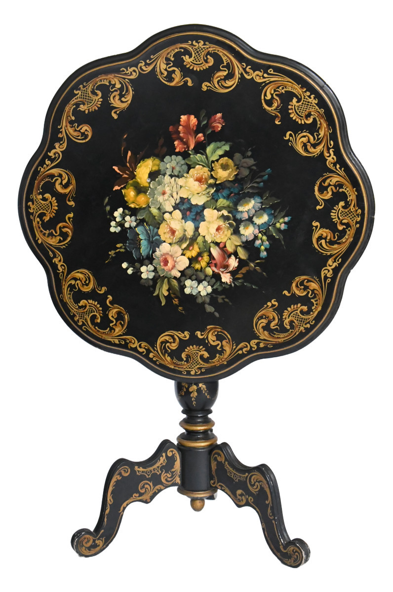 Napoleon III Period Pedestal Table In Blackened Wood With Painted Decoration Of A Bouquet Of Flowers