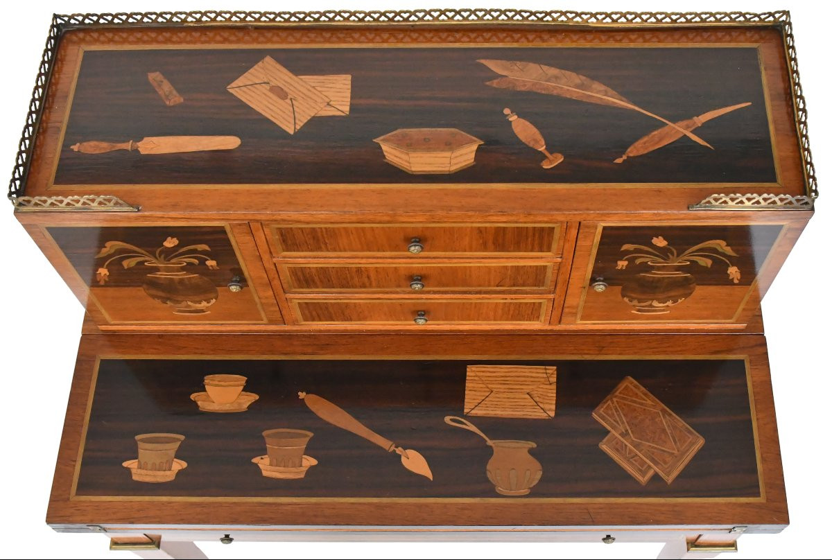 Bureau bonheur du jour en marqueterie dans le goût de Charles Topino-photo-4