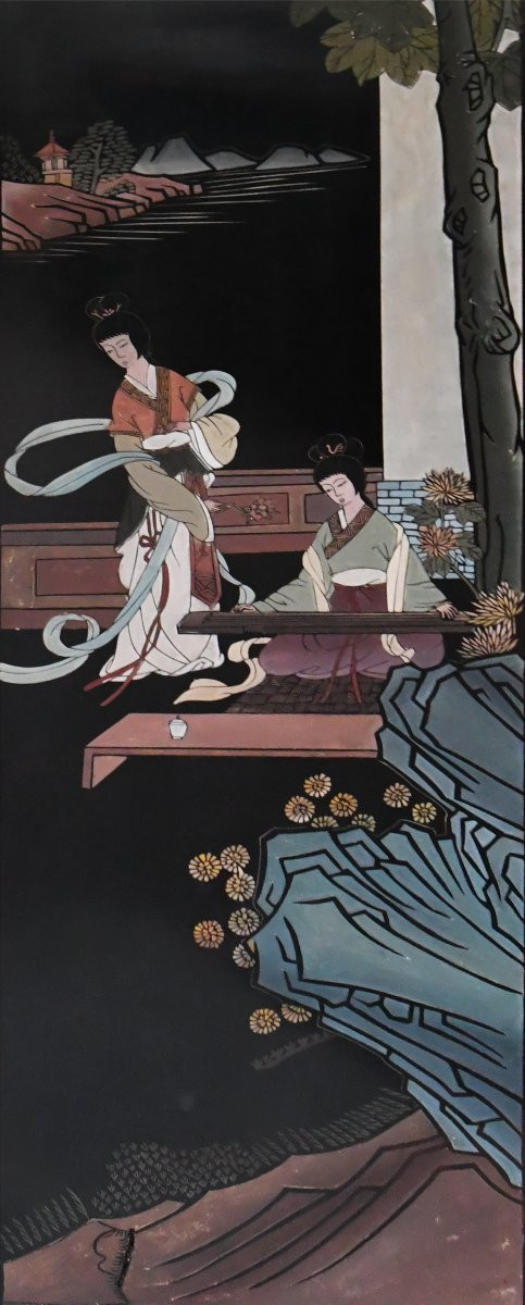 Four-leaf Screen In Lacquered Wood With Coromandel Decoration -photo-4