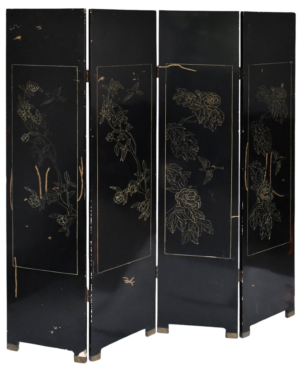Four-leaf Screen In Lacquered Wood With Coromandel Decoration -photo-7