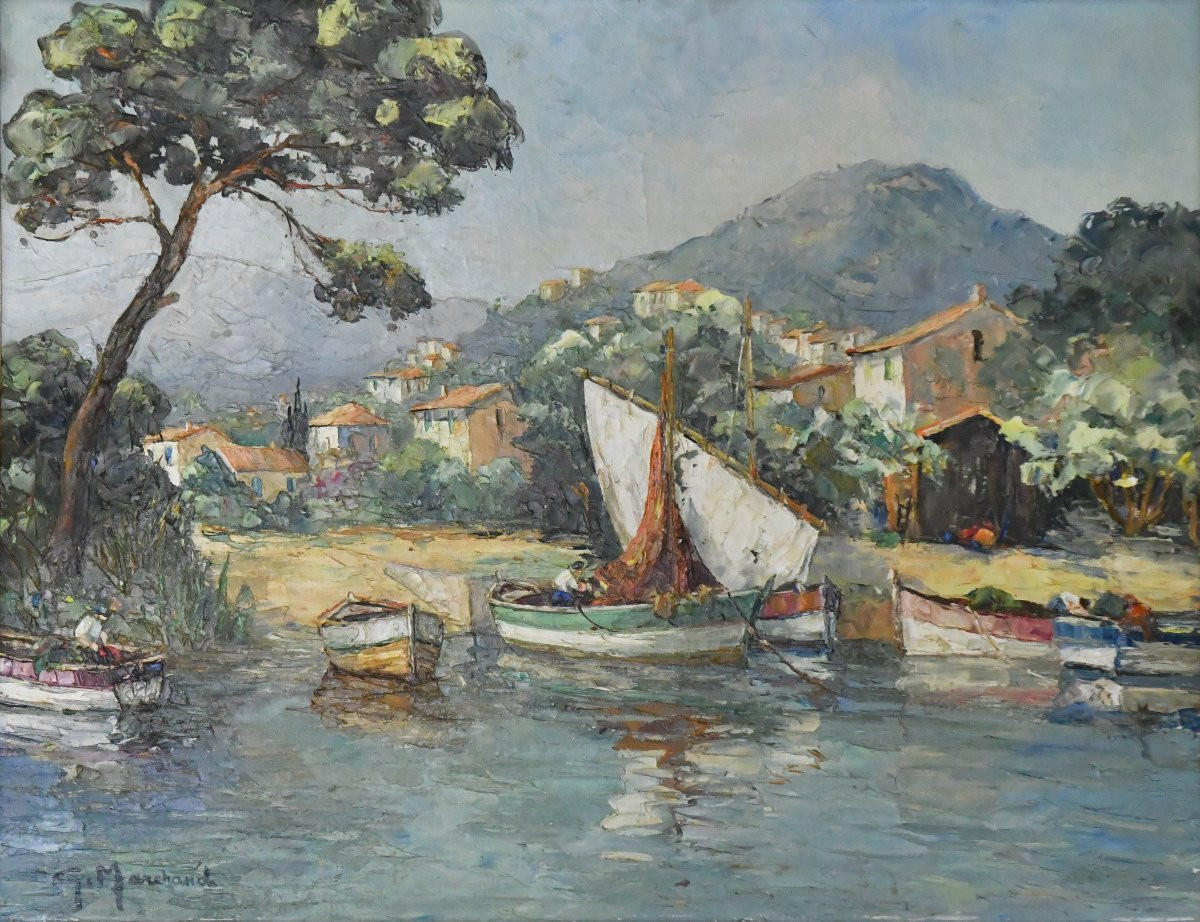 Georges Marchand (20th Century) Oil On Canvas "mediterranean Landscape" -photo-3