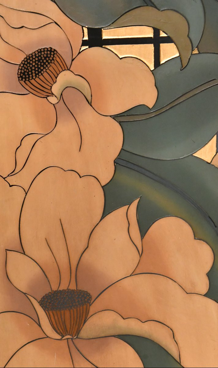 A Four-panel Lacquered Screen Decorated With A Floral Scene On A Gold Background.-photo-3