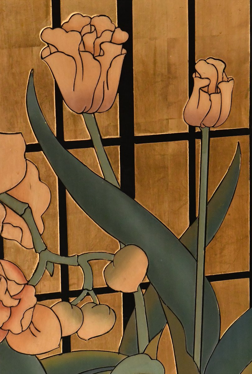 A Four-panel Lacquered Screen Decorated With A Floral Scene On A Gold Background.-photo-4