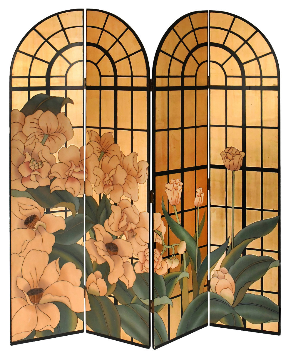 A Four-panel Lacquered Screen Decorated With A Floral Scene On A Gold Background.