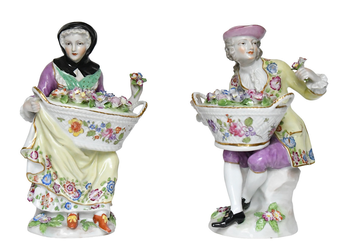 Pair Of Samson Porcelain Figurines Depicting A Gardener And A Gardener 