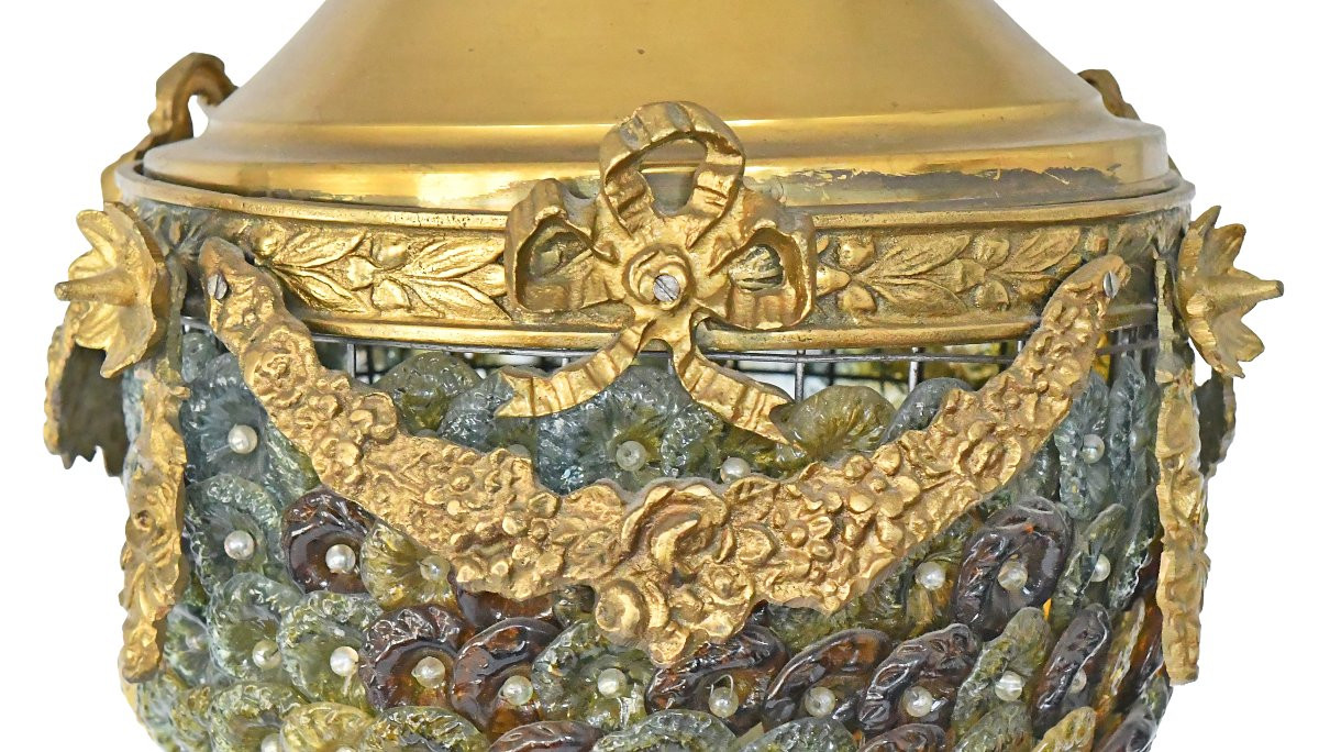 Lustre italien en bronze doré garnie de disques en verre de Murano-photo-2