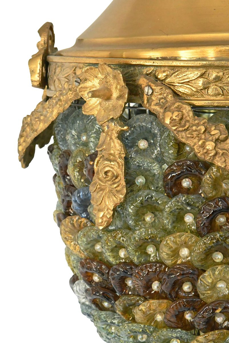 Lustre italien en bronze doré garnie de disques en verre de Murano-photo-3