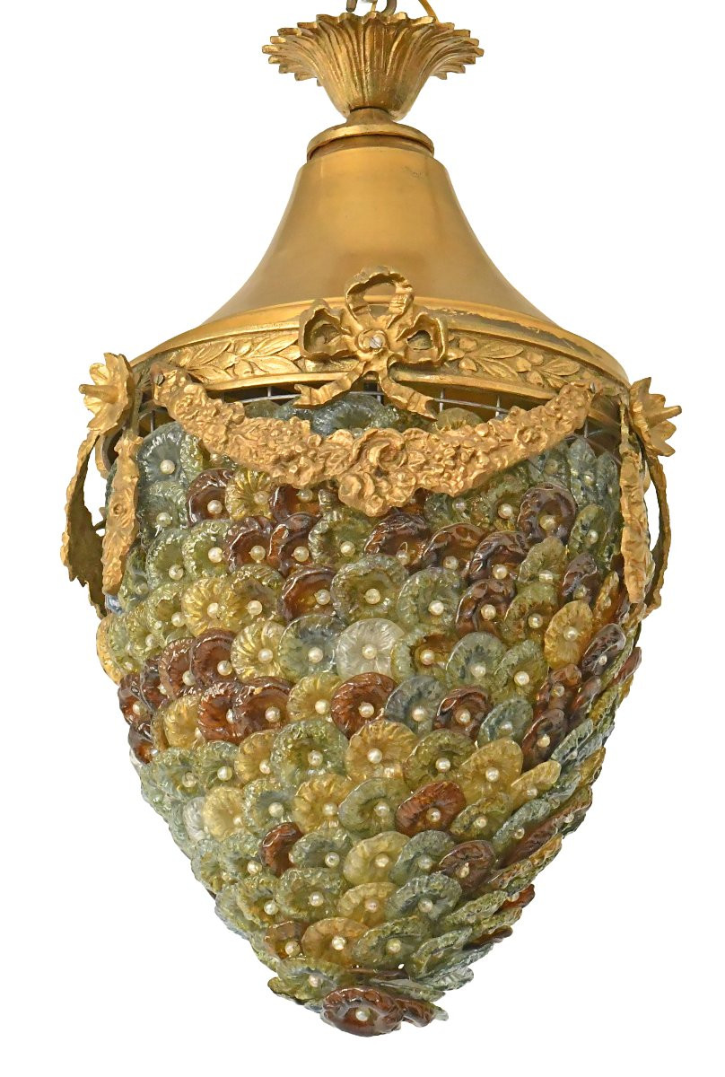 Lustre italien en bronze doré garnie de disques en verre de Murano-photo-4