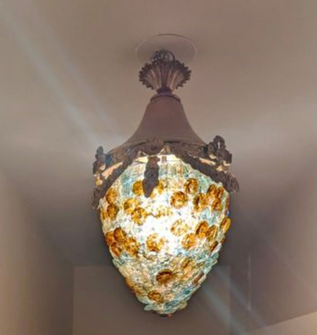 Lustre italien en bronze doré garnie de disques en verre de Murano-photo-2