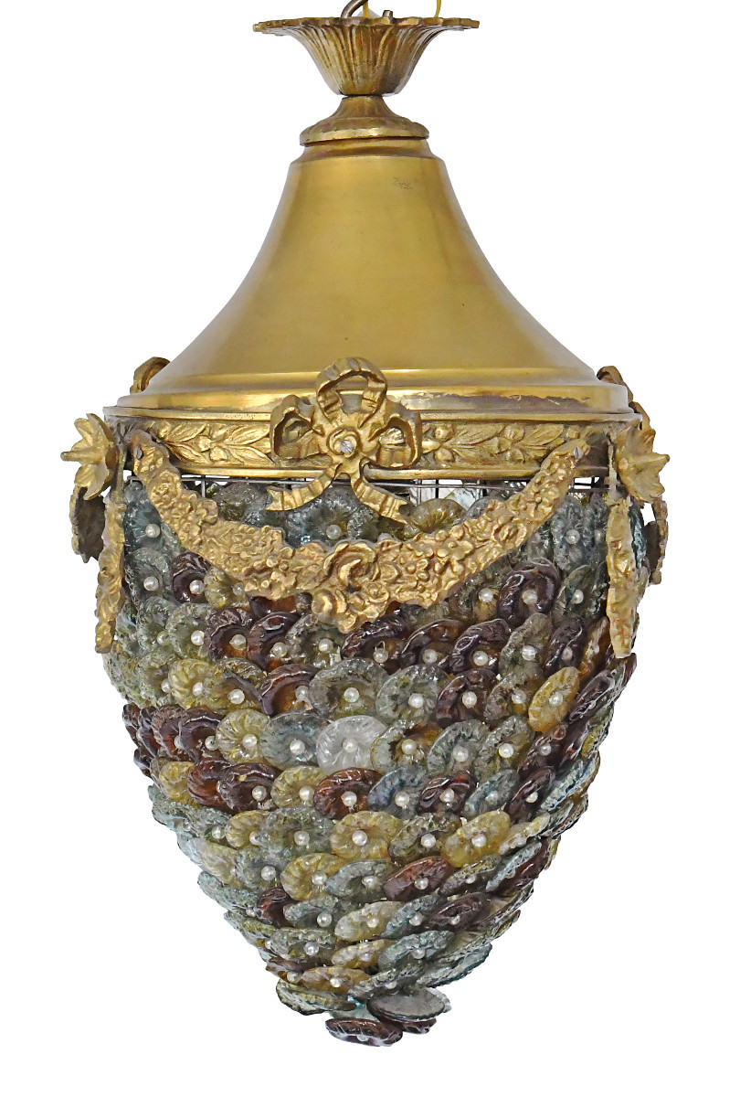 Lustre italien en bronze doré garnie de disques en verre de Murano