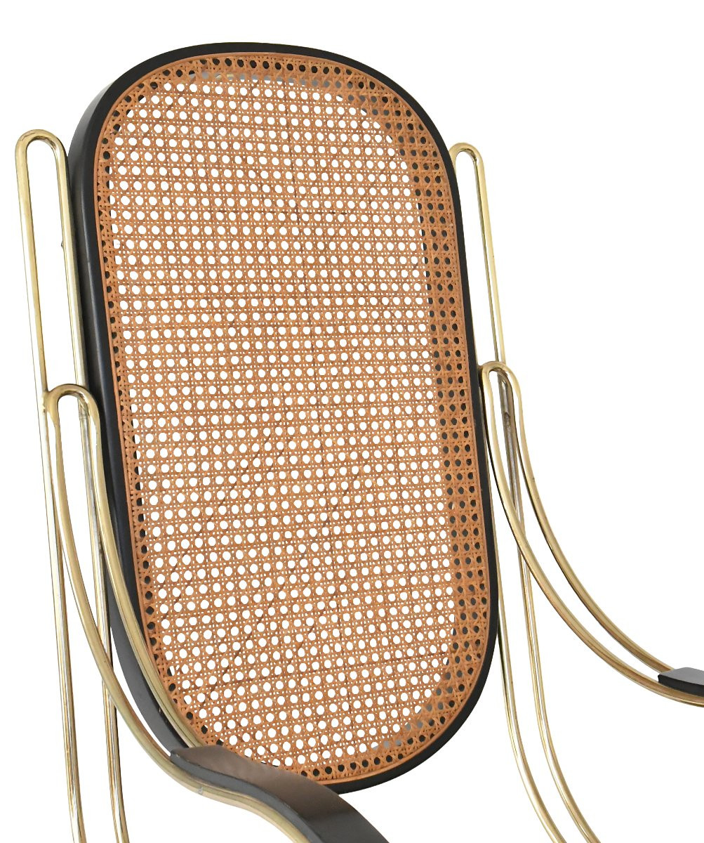 Modernist Rocking Chair In Gilt Brass And Caning  -photo-2