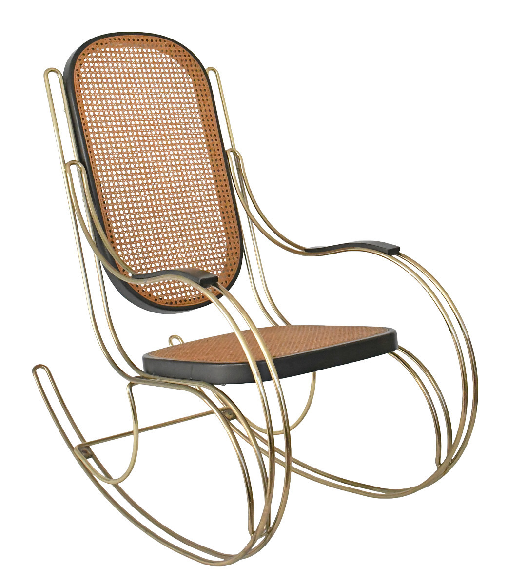 Modernist Rocking Chair In Gilt Brass And Caning  