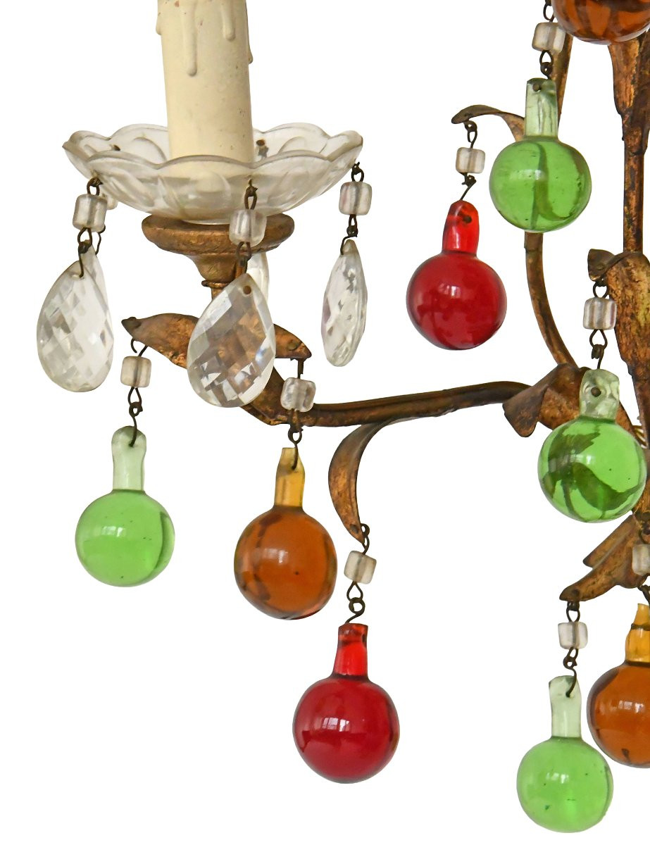 Cage Chandelier With Two Wall Sconces Decorated With Foliage And Murano Glass Pendants-photo-6