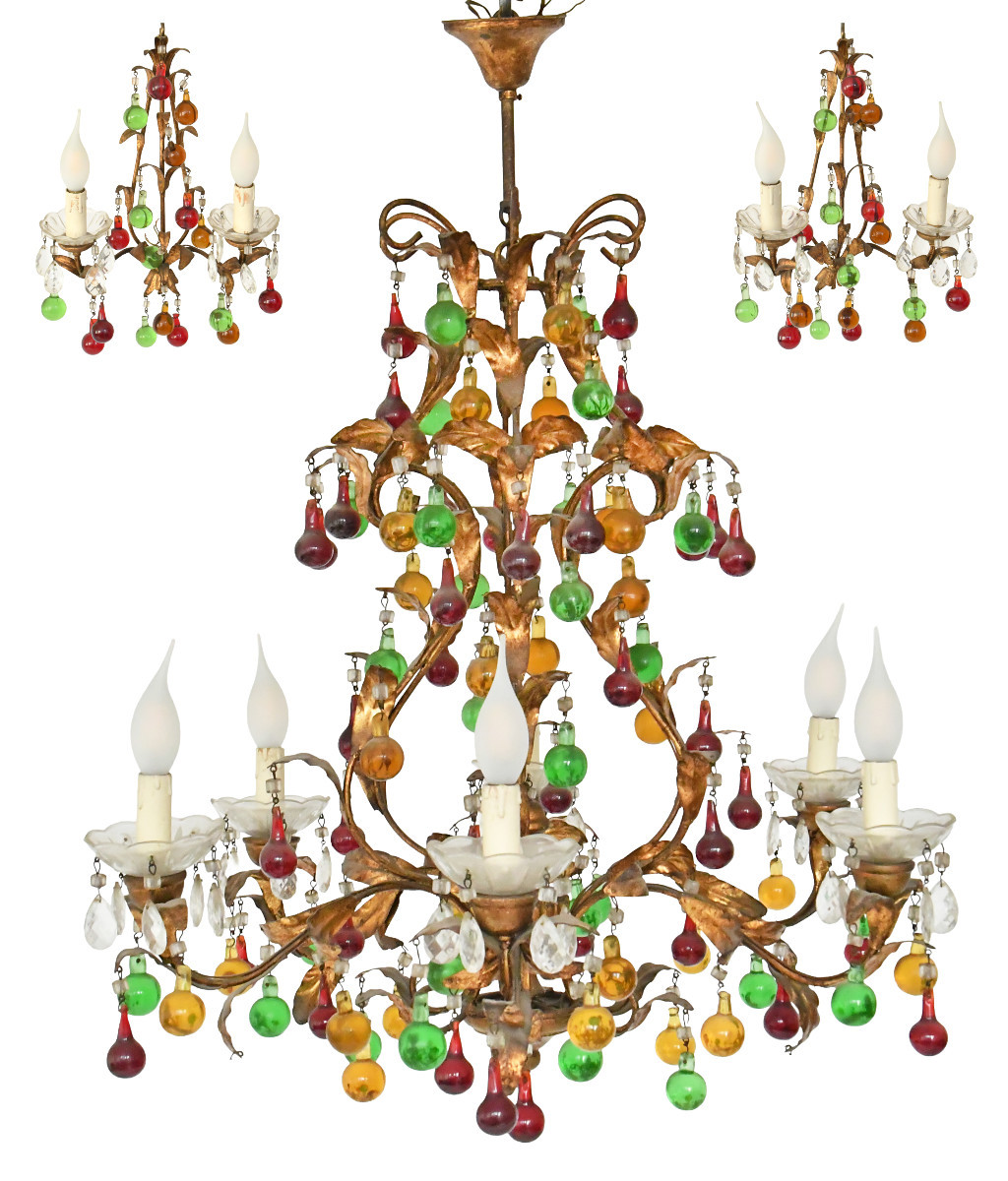 Cage Chandelier With Two Wall Sconces Decorated With Foliage And Murano Glass Pendants