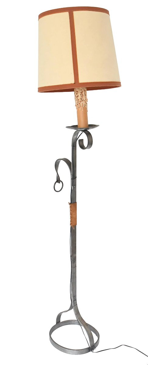 Lampadaire en fer forgé et cuire dans le goût de Jean-Pierre Ryckaert des années 1950-photo-2
