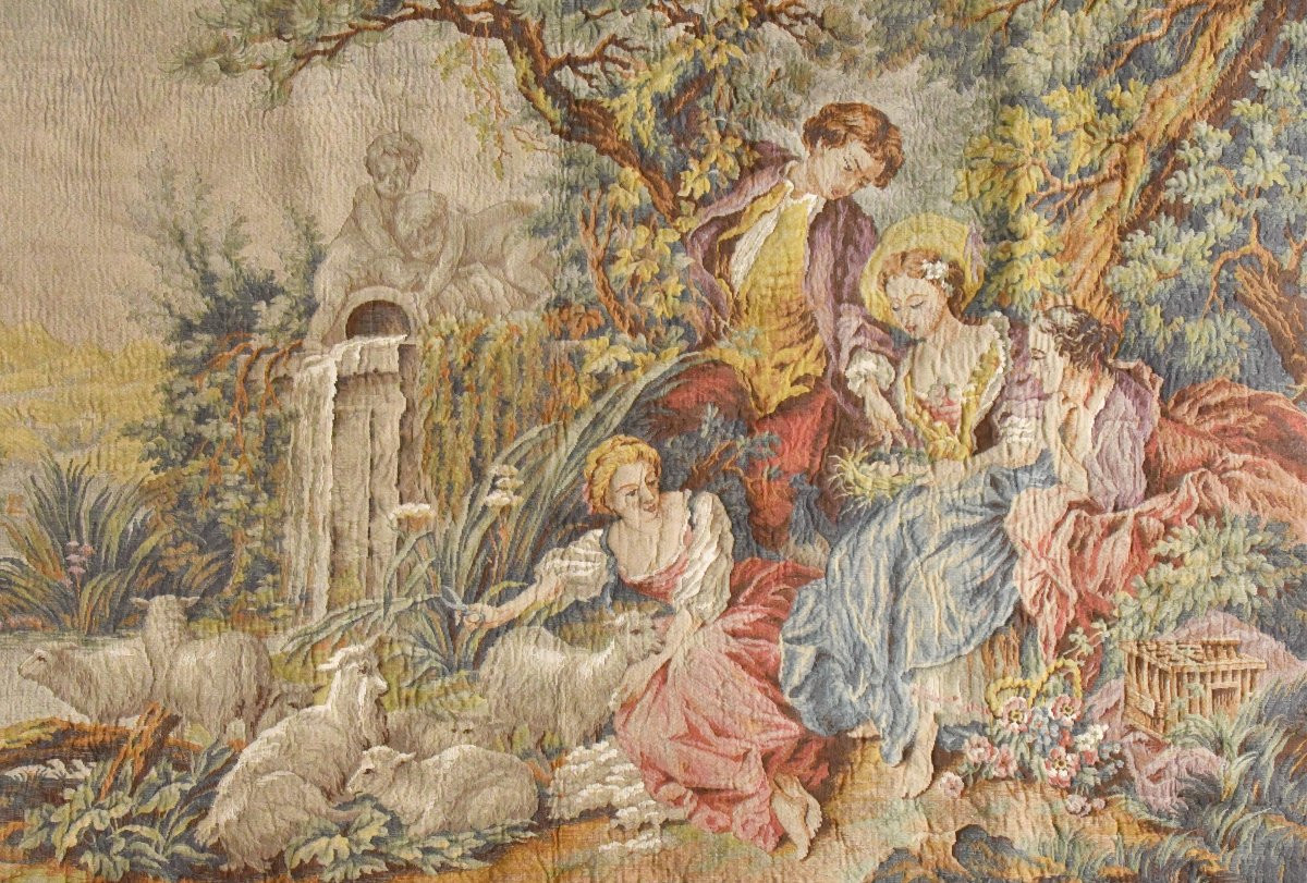 Tapisserie à décor scène pastorale d'après François Boucher "Le Cadeau du Berger ou, Le Nid" -photo-2