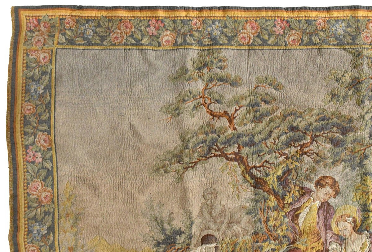 Tapisserie à décor scène pastorale d'après François Boucher "Le Cadeau du Berger ou, Le Nid" -photo-4
