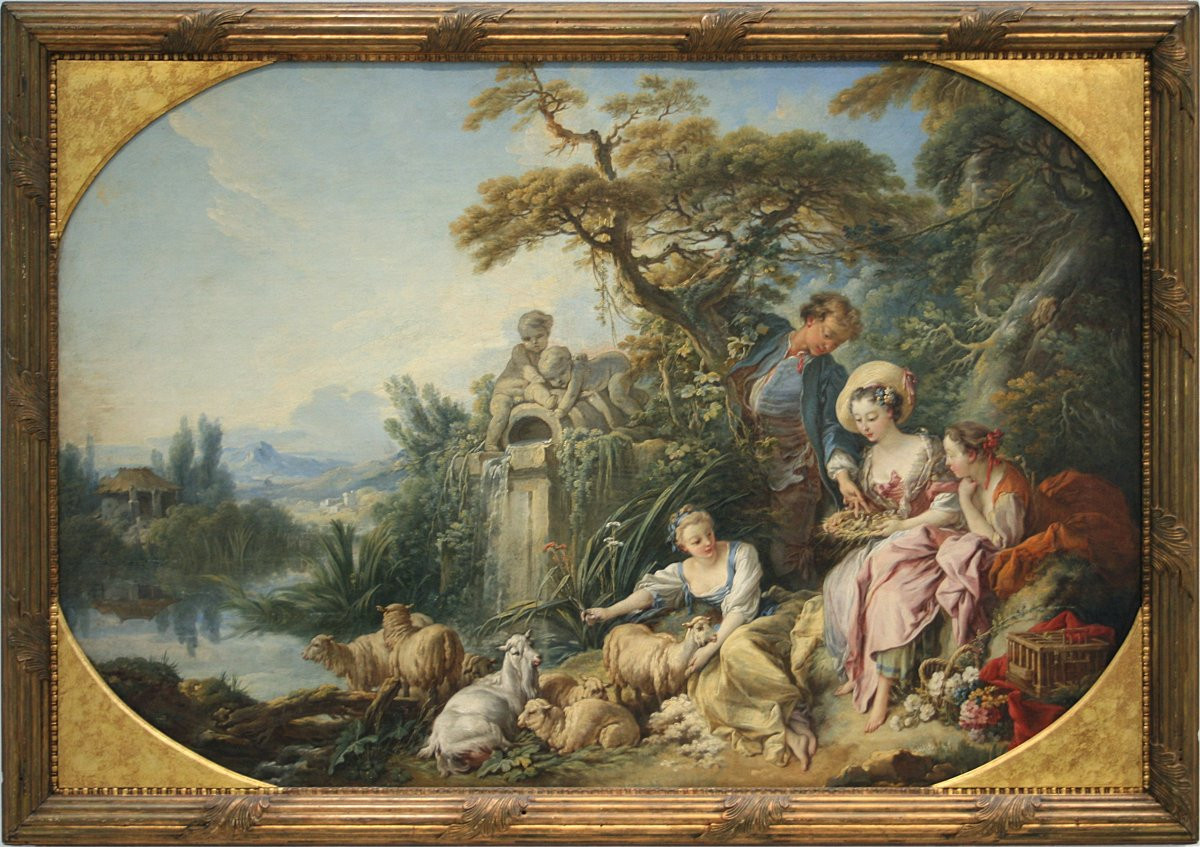 Tapisserie à décor scène pastorale d'après François Boucher "Le Cadeau du Berger ou, Le Nid" -photo-2