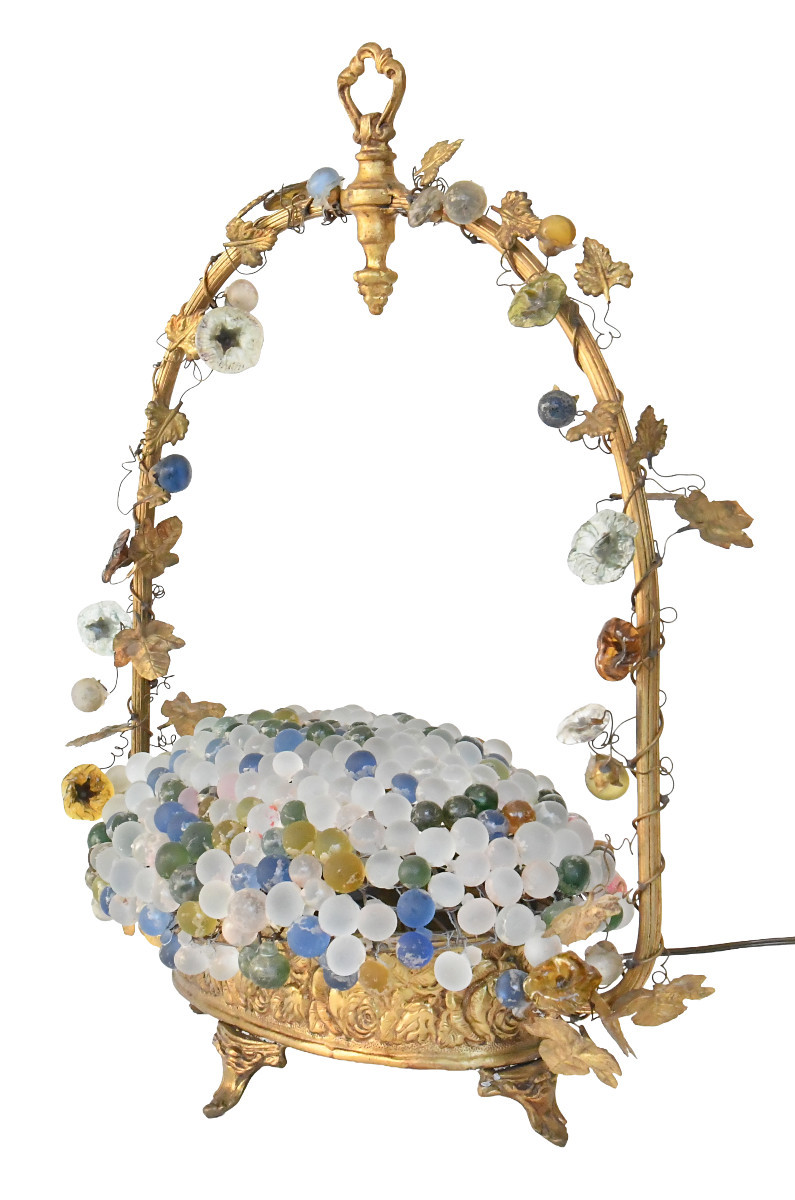 Cesare Toso Table Lamp In The Shape Of A Basket Filled With Murano Glass Grape Bunches