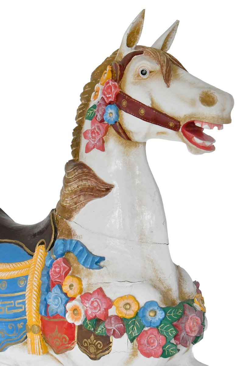 Grand Cheval de manège en bois sculpté peint blanc et polychrome dans le goût de Friedrich Heyn-photo-2