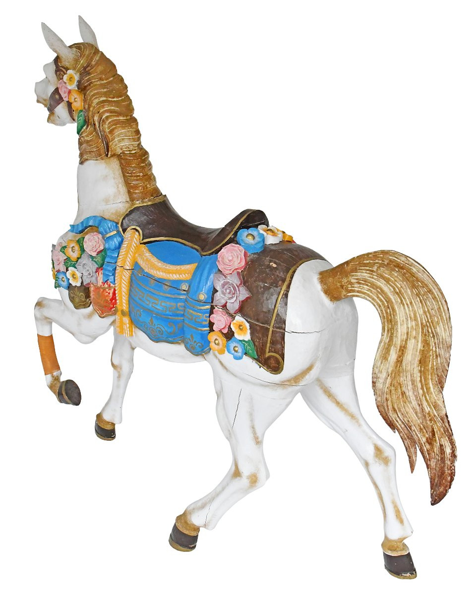Grand Cheval de manège en bois sculpté peint blanc et polychrome dans le goût de Friedrich Heyn-photo-3