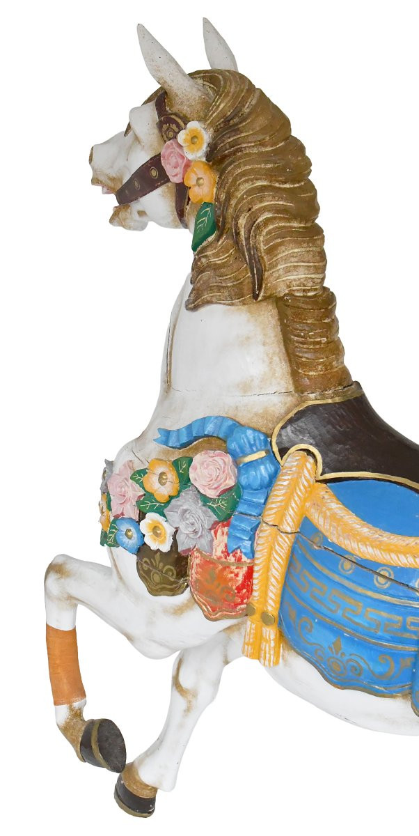 Grand Cheval de manège en bois sculpté peint blanc et polychrome dans le goût de Friedrich Heyn-photo-4