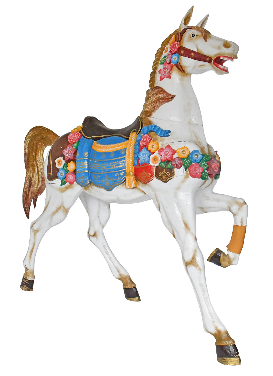 Grand Cheval de manège en bois sculpté peint blanc et polychrome dans le goût de Friedrich Heyn