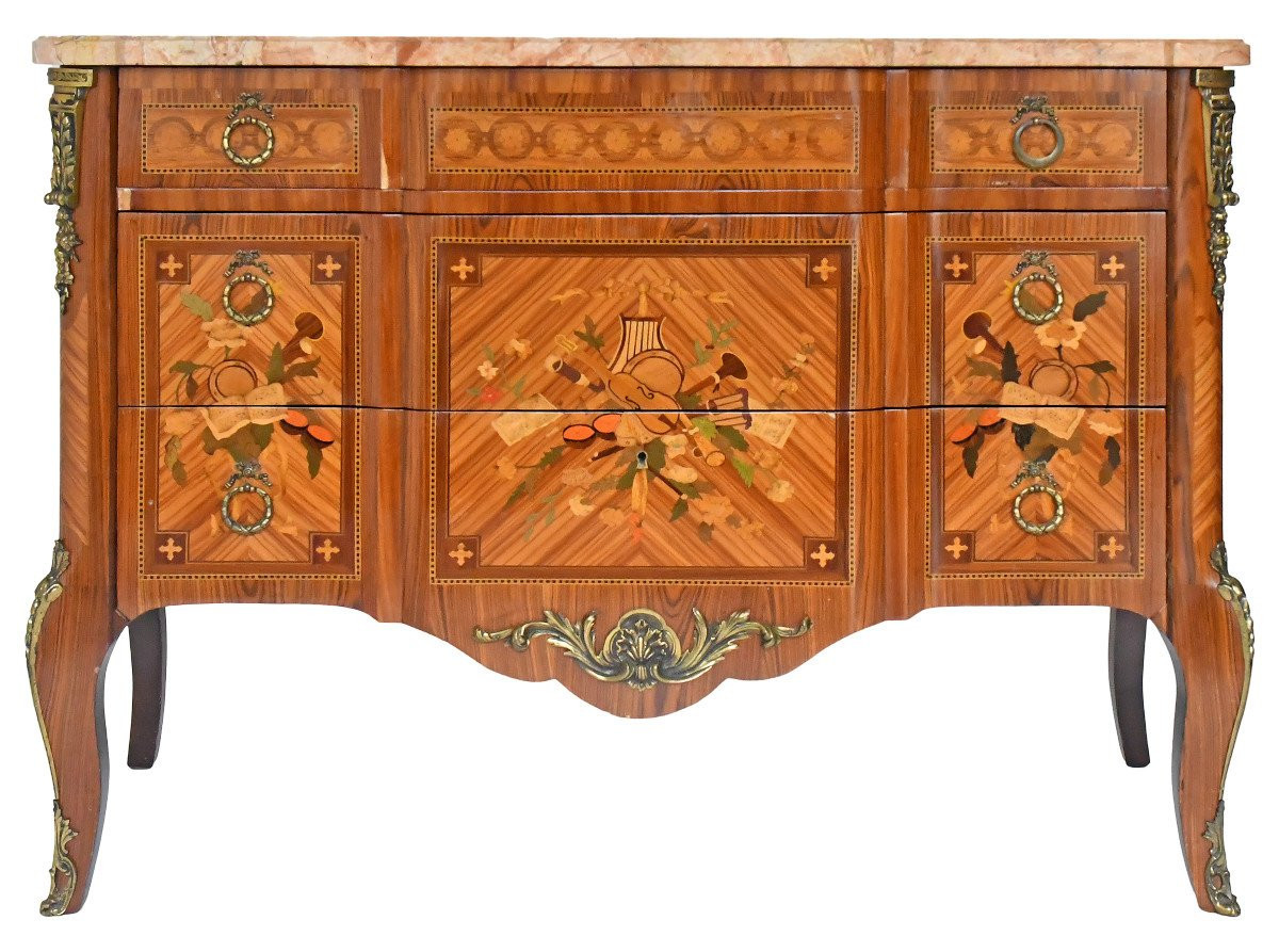 Transition Style Marquetry Chest Of Drawers 