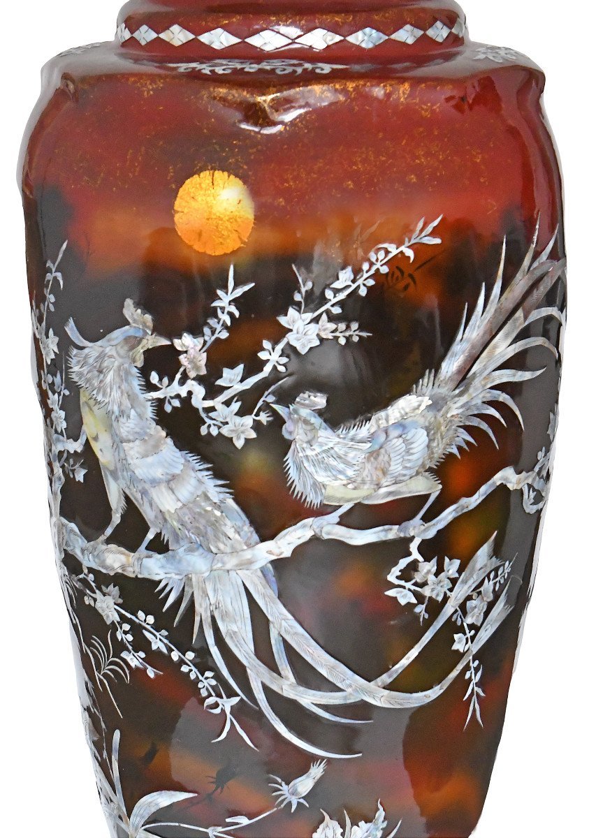 Important Chinese Vase Made Of Papier-mâché, Fiber, And Mother-of-pearl Marquetry-photo-3