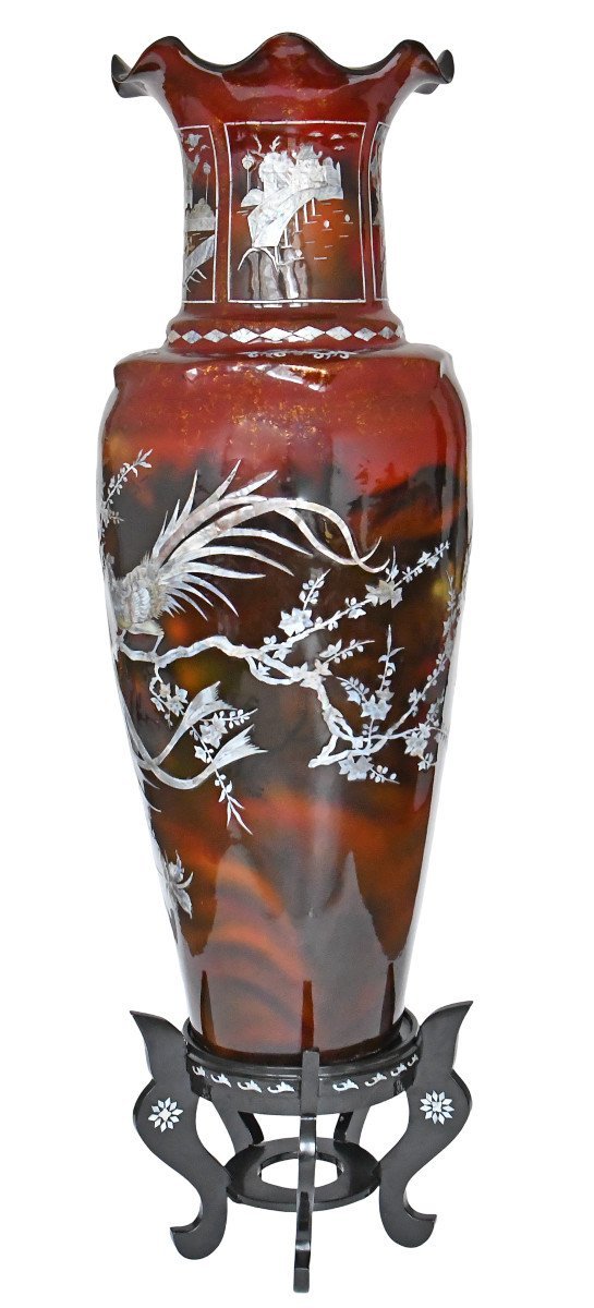 Important Chinese Vase Made Of Papier-mâché, Fiber, And Mother-of-pearl Marquetry-photo-1