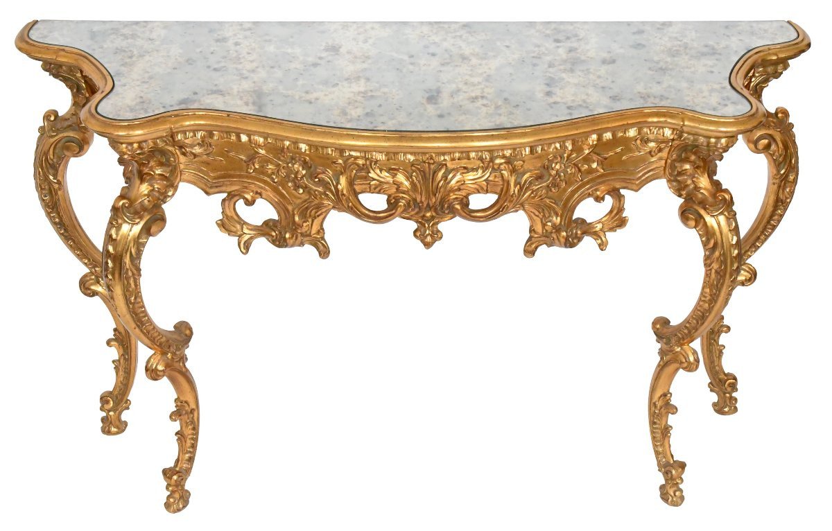 Console avec miroir en bois doré de style Rocaille -photo-3