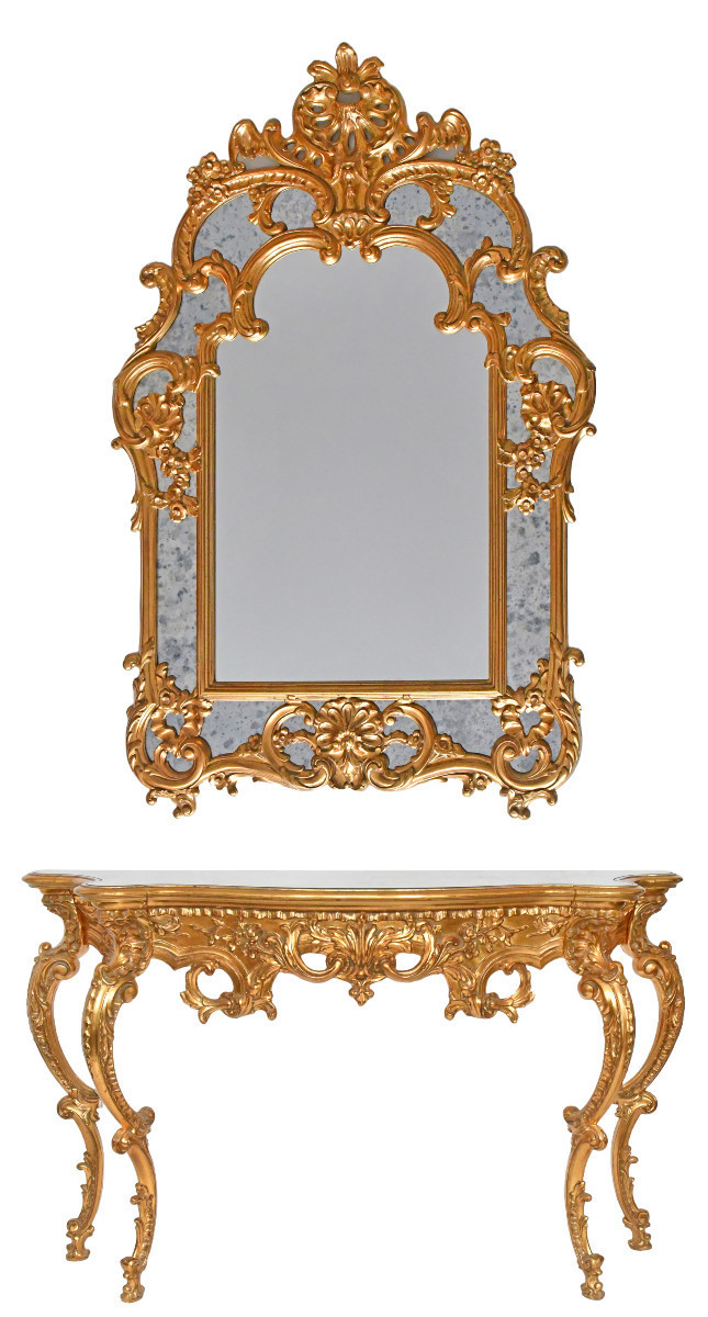 Console avec miroir en bois doré de style Rocaille 