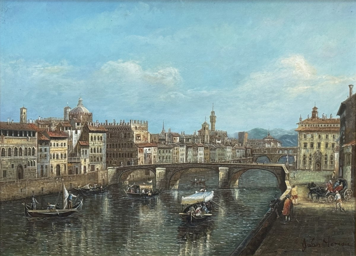 Huile sur panneau "L'Arno à l'pont Santa Trinita" d'après Giuseppe Zocchi-photo-2