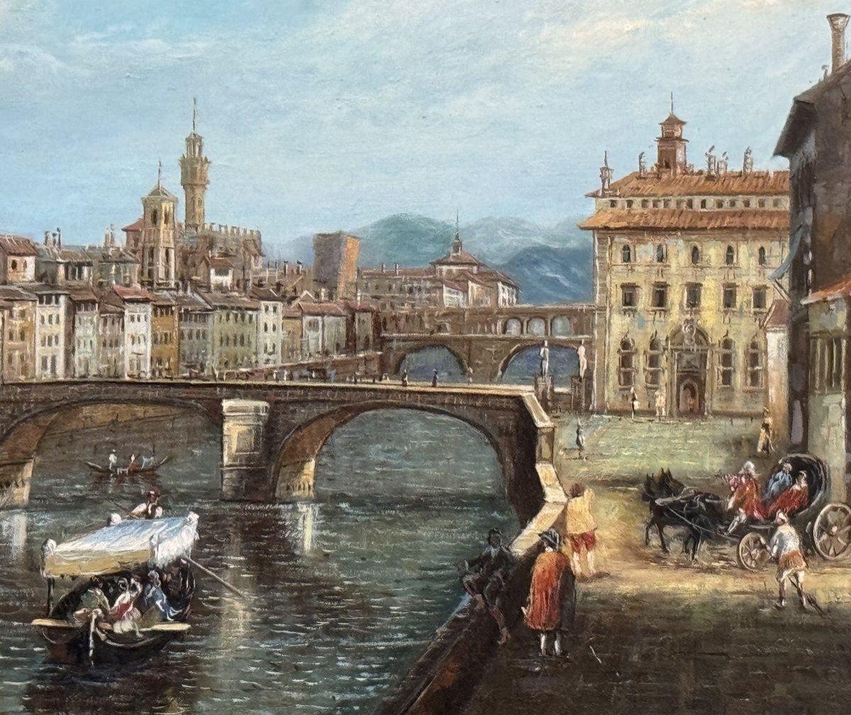 Huile sur panneau "L'Arno à l'pont Santa Trinita" d'après Giuseppe Zocchi-photo-3
