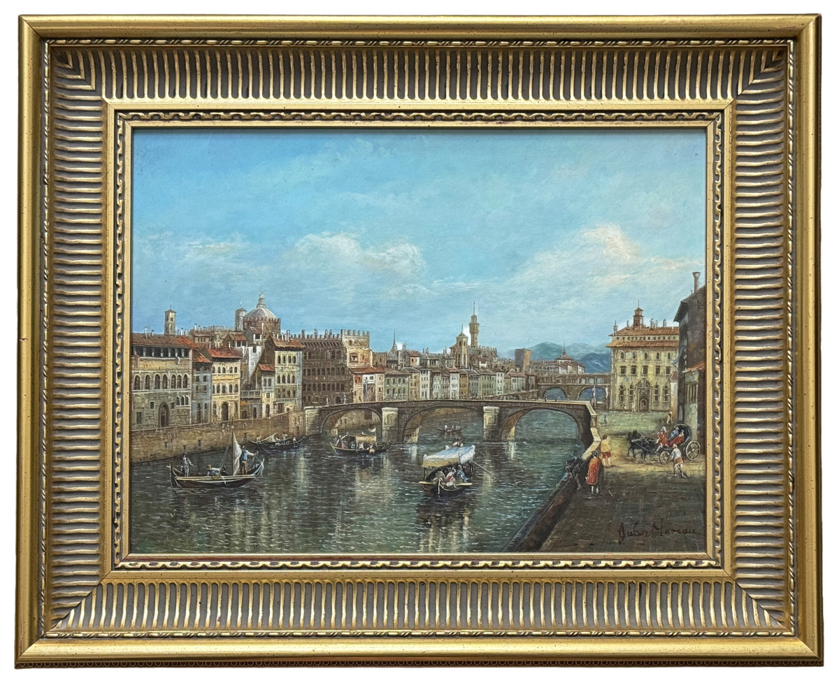 Huile sur panneau "L'Arno à l'pont Santa Trinita" d'après Giuseppe Zocchi