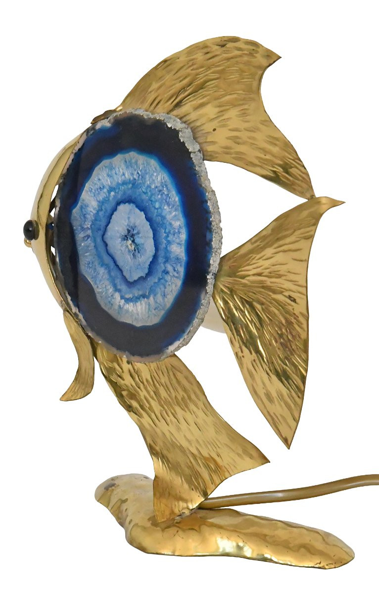 Angelfish Sculpture In Gilded Metal And Blue Agate Mounted As A Lamp -photo-3
