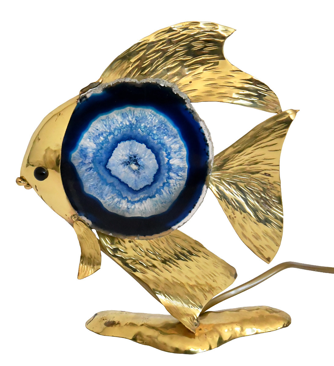 Angelfish Sculpture In Gilded Metal And Blue Agate Mounted As A Lamp 