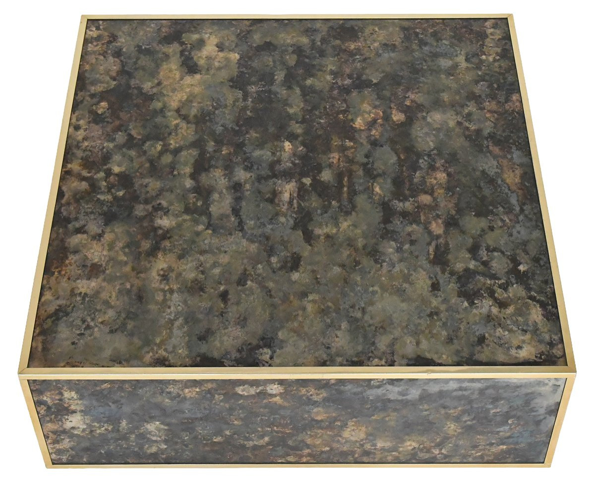 Square Coffee Table In Marbled Glass With "solar Eruption" Decor -photo-3